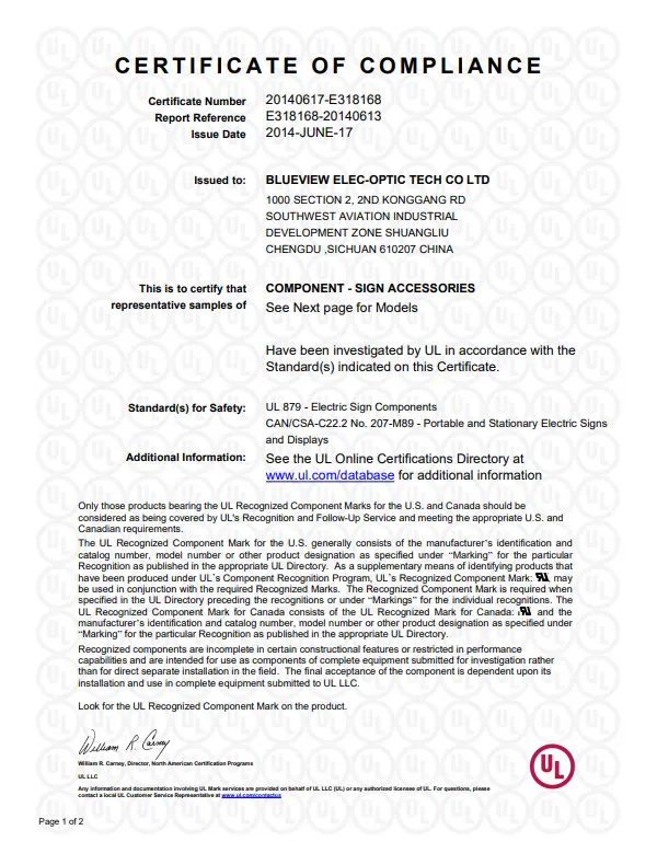 Y SIGNS LED Quality Certificate