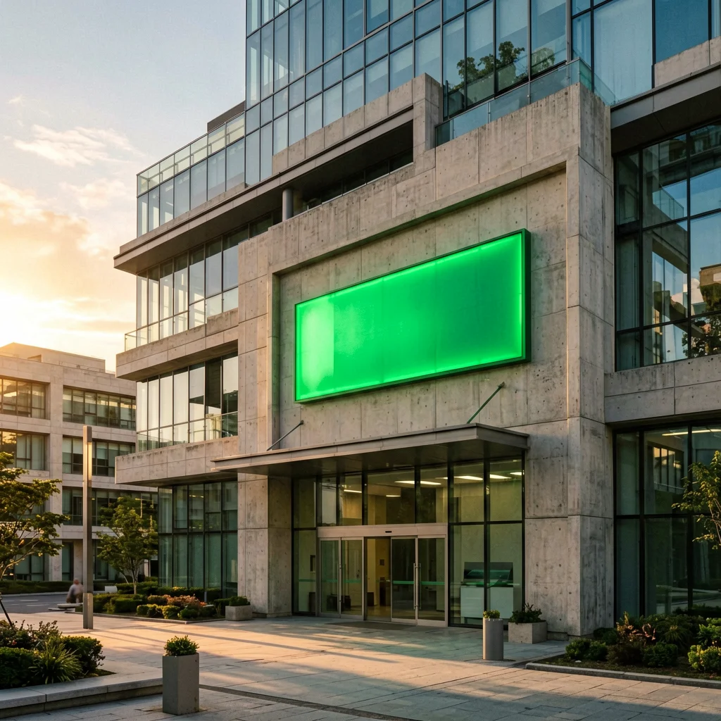 Architectural Signage - B2B buyer approach view of corporate building with integrated illuminated sign