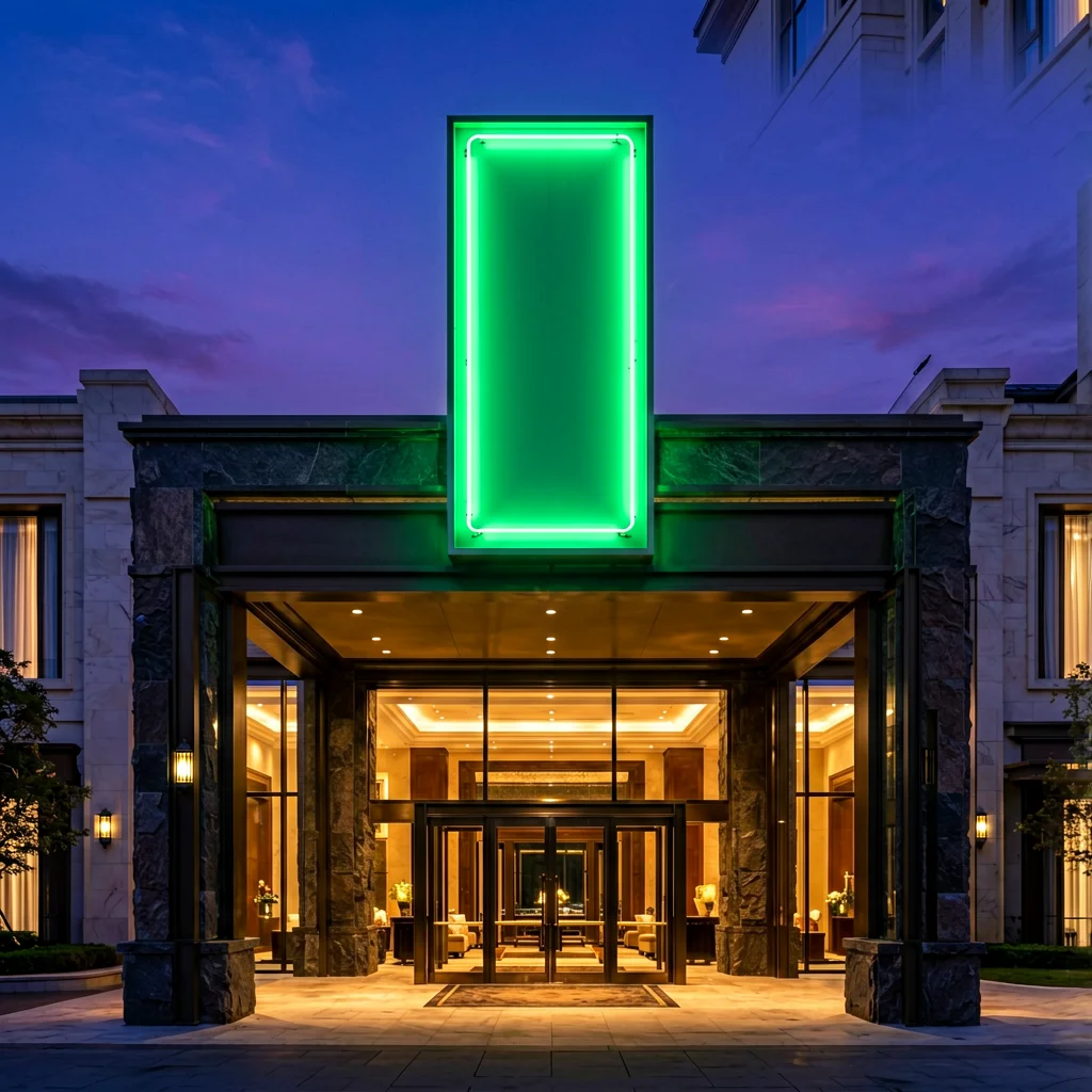 Hotel & Hospitality Signage - Luxury hotel entrance with premium illuminated signage