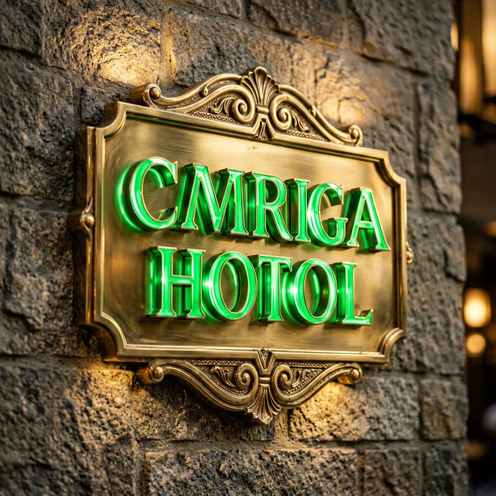 Hotel & Hospitality Signage - Close-up detail of luxury signage craftsmanship with warm LED lighting