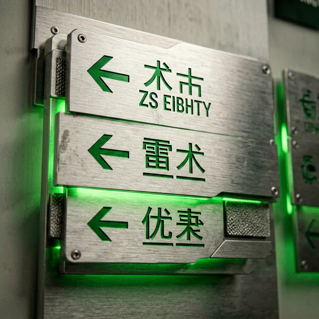 Wayfinding Systems - Close-up of wayfinding components with etched text and tactile accessibility elements