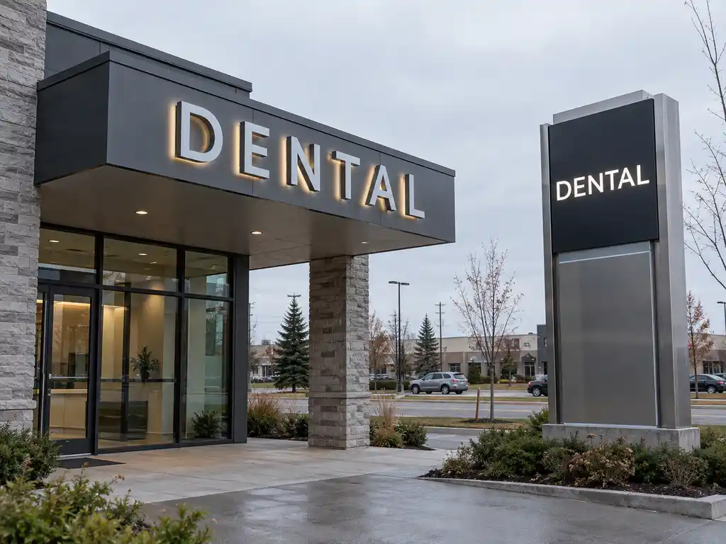 Bilingual Facade Letters and a Freestanding Pylon Sign for a Canadian Dental Clinic — Canada illuminated signage project photo