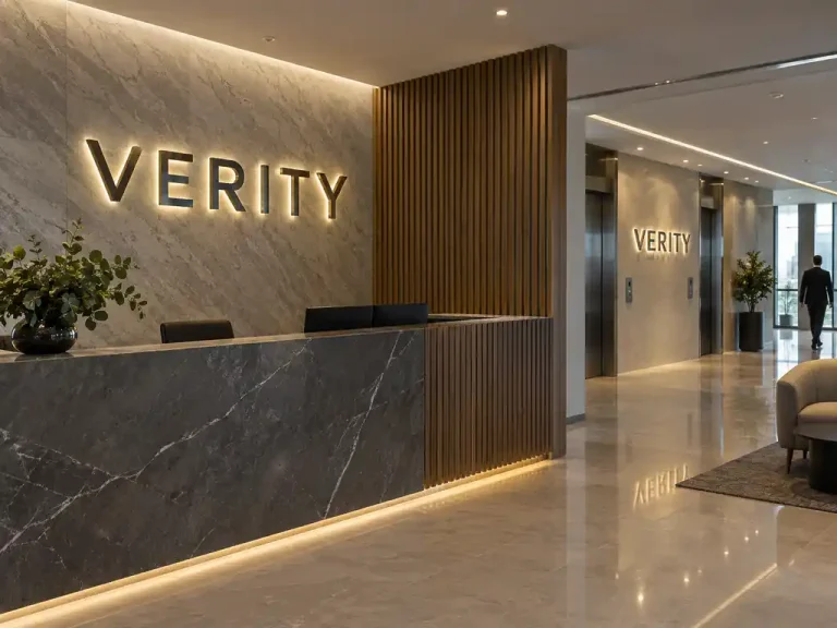 Halo-Lit Metal Letters and Reception Backdrop Signage for a UK Corporate Office — signage case study