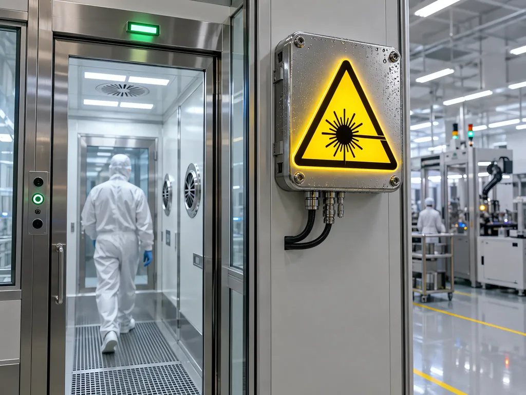 Illuminated hazard zone safety sign at a German industrial manufacturing facility