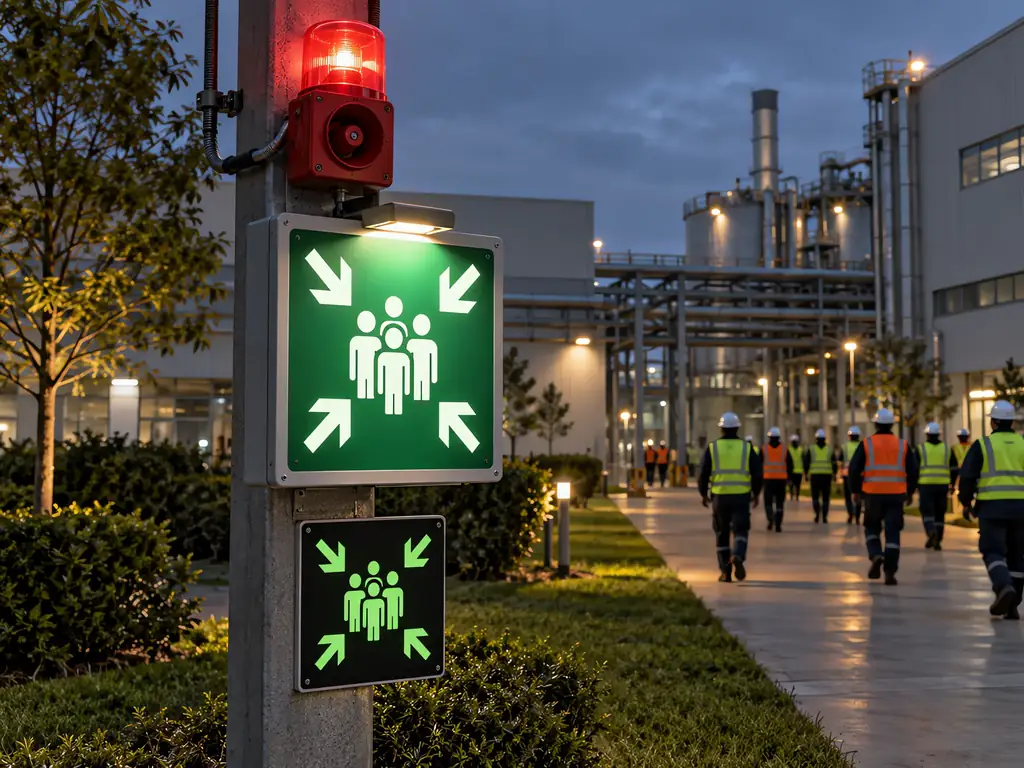 Fire-alarm integrated emergency assembly point marker at an industrial campus