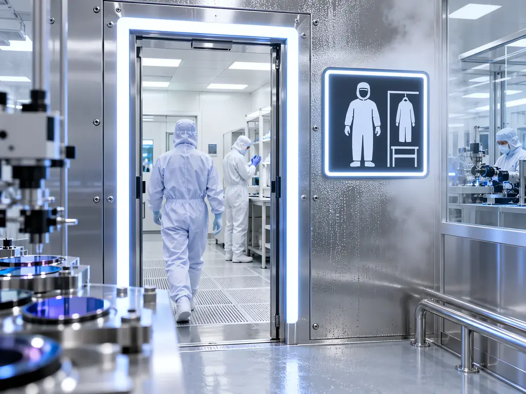 IP69K rated cleanroom entry illuminated frame at a precision optics factory