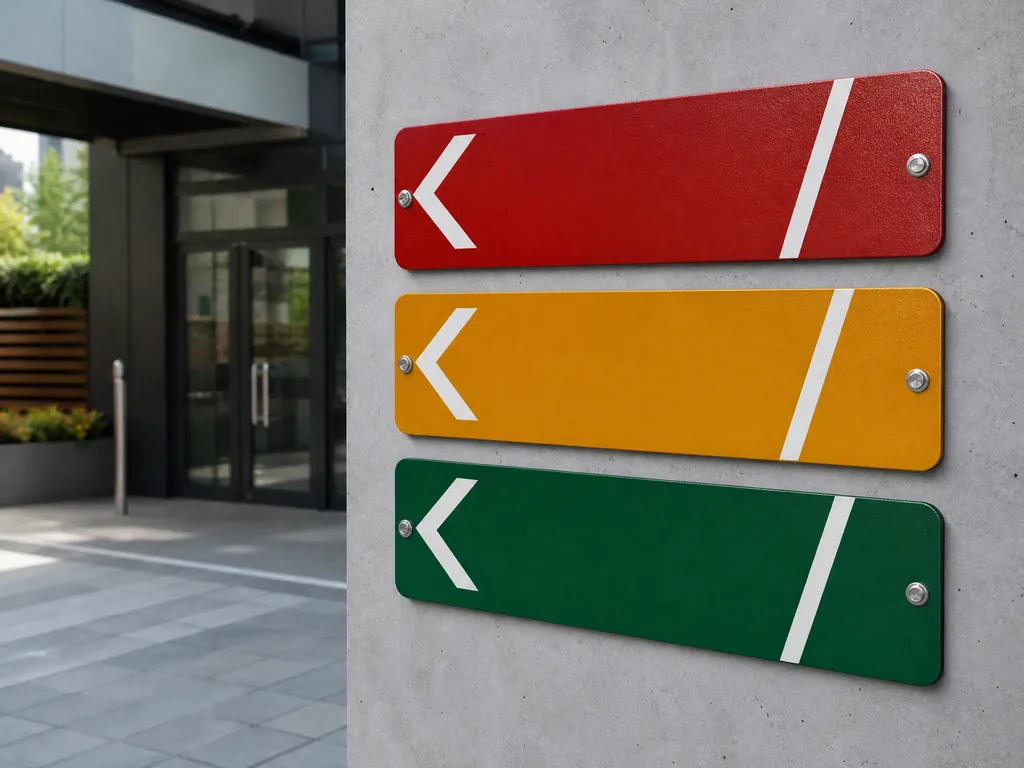 Security zone directional signage color-coded Red/Amber/Green, zero illumination