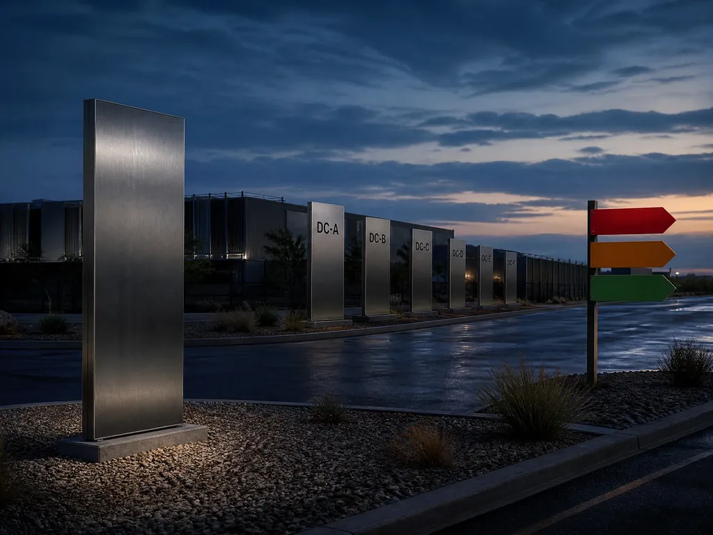 Hyperscale data center campus non-illuminated brushed stainless steel building markers
