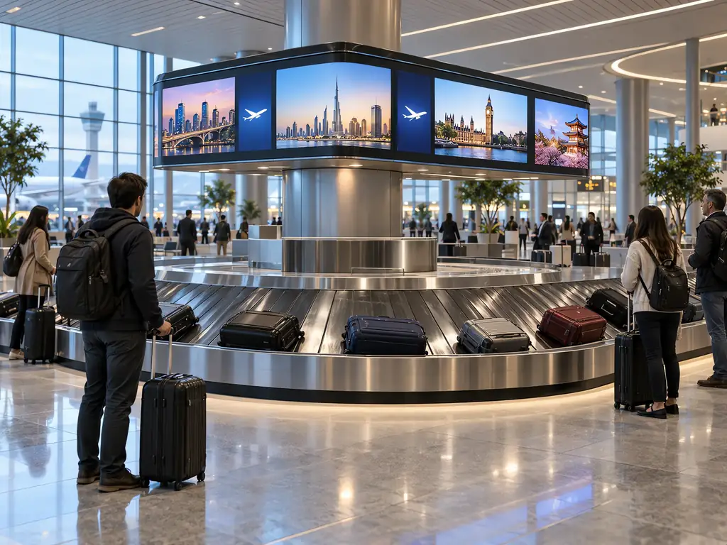 Backlit baggage reclaim carousel identifiers at an Australian airport terminal