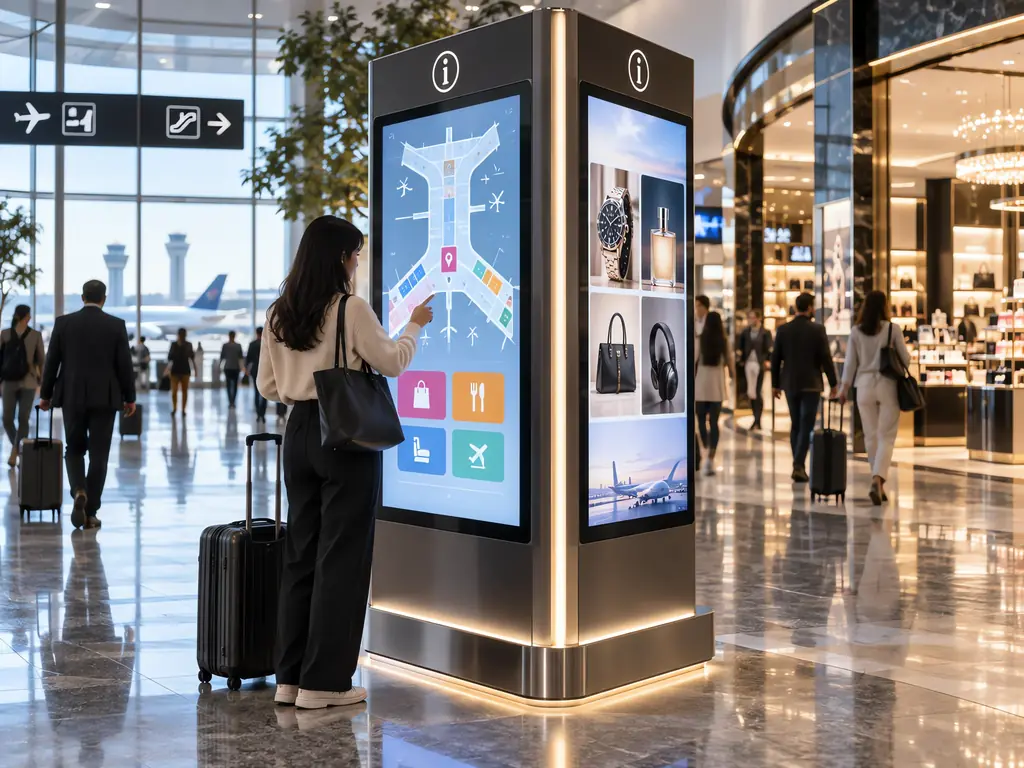 Interactive retail wayfinding totem at an Australian airport terminal