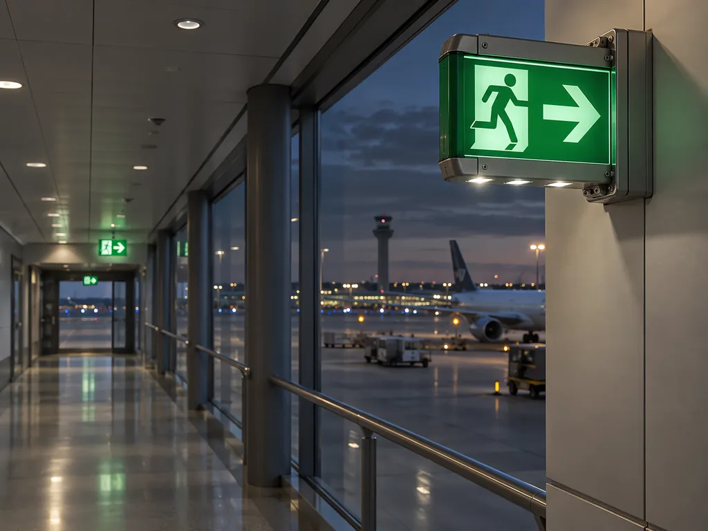 Photoluminescent-LED hybrid emergency exit sign in an airport airside corridor