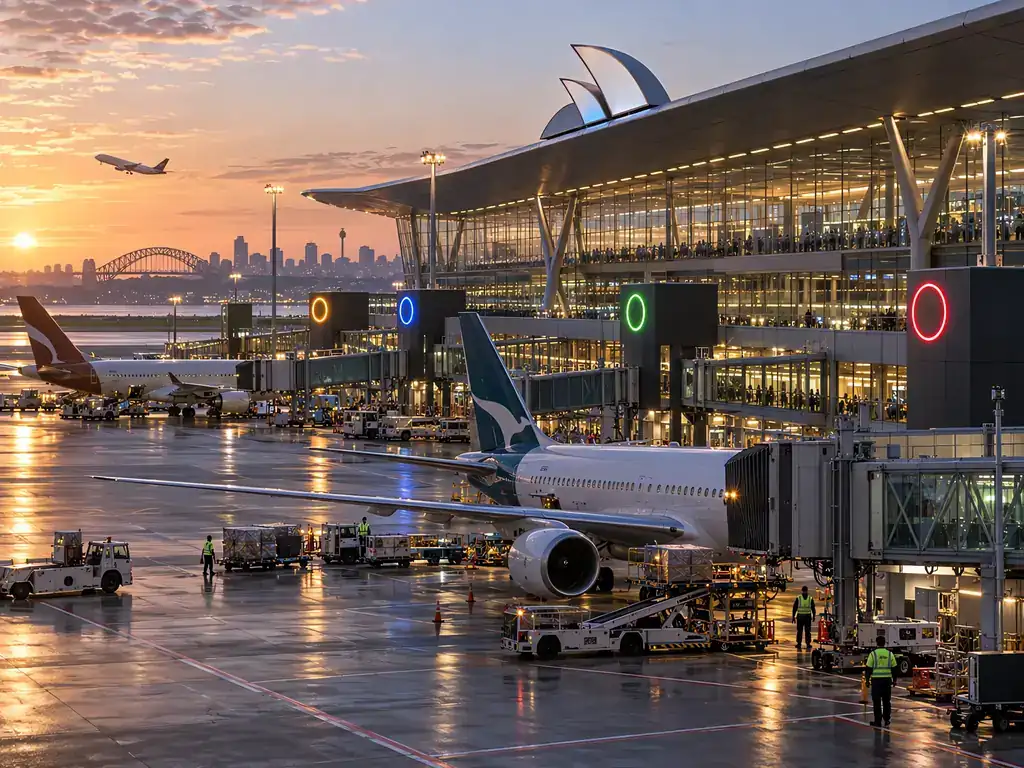 Illuminated gate markers and roof-mounted identity sign at an Australian international airport terminal