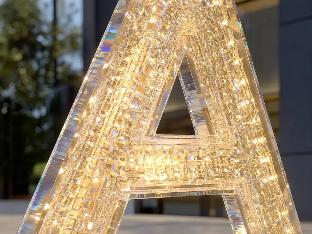 Crystal pillar illuminated letter with internal LED lattice, refractive faceting detail