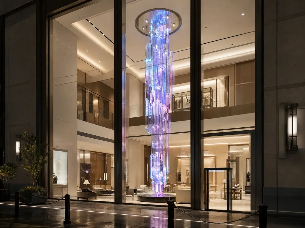 Interior atrium 6m suspended crystal pillar sculpture with programmable RGBW LED