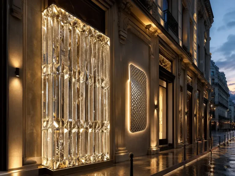 Luxury Flagship Store: Crystal Pillar Letters and Perforated Facade Illumination for a French Maison — signage case study
