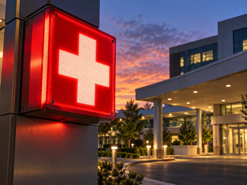 Illuminated emergency department beacon sign at a US hospital campus