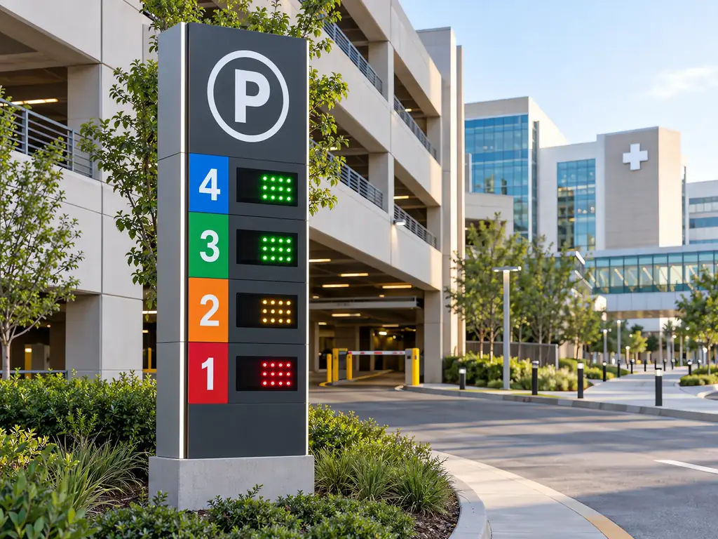 Medical campus parking structure identification pylon with color-coded level markers