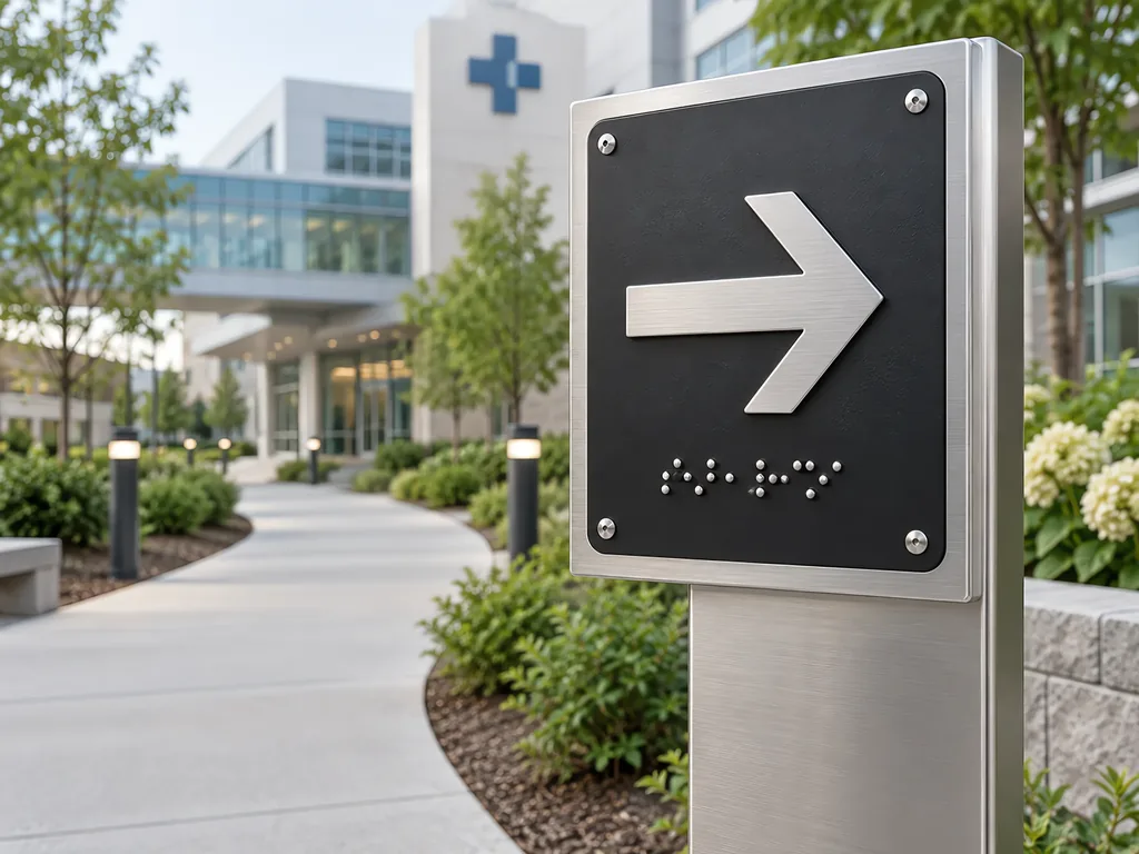 ADA-compliant tactile directional sign with Braille on a medical campus pathway