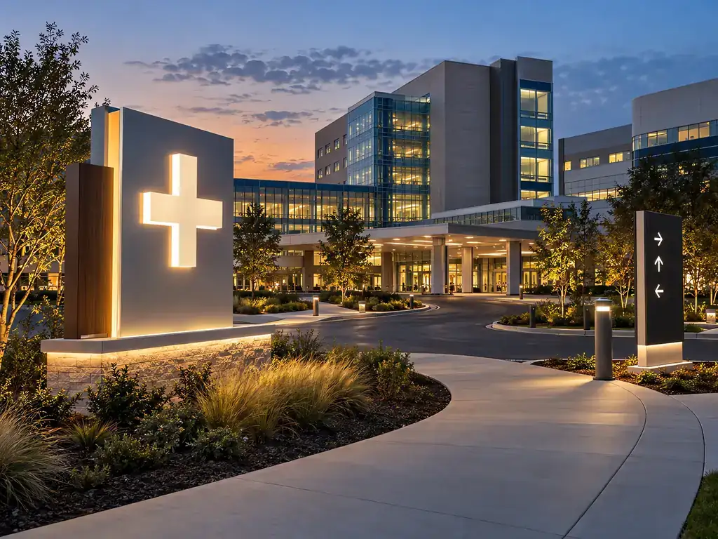 Illuminated monument sign at the main entrance of a US medical campus at dusk