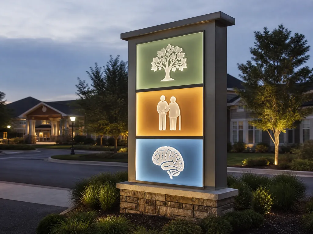 Color-coded neighborhood identification pylons for independent living, assisted living, memory care