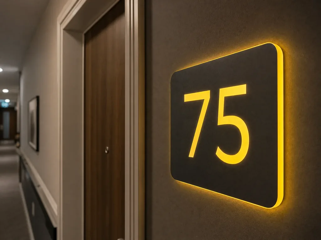 Illuminated room number doorplate with large numerals, dementia-friendly high contrast