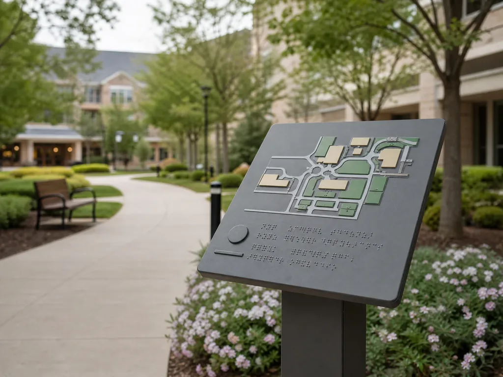 Pedestrian blade wayfinding sign with tactile map and Braille for senior campus