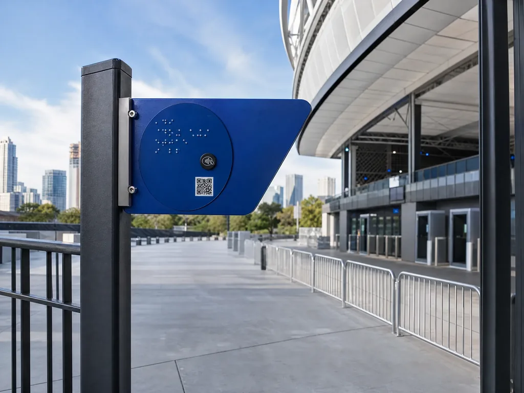 Gate wayfinding blade with NFC/QR ticket validation, color-coded seating zones
