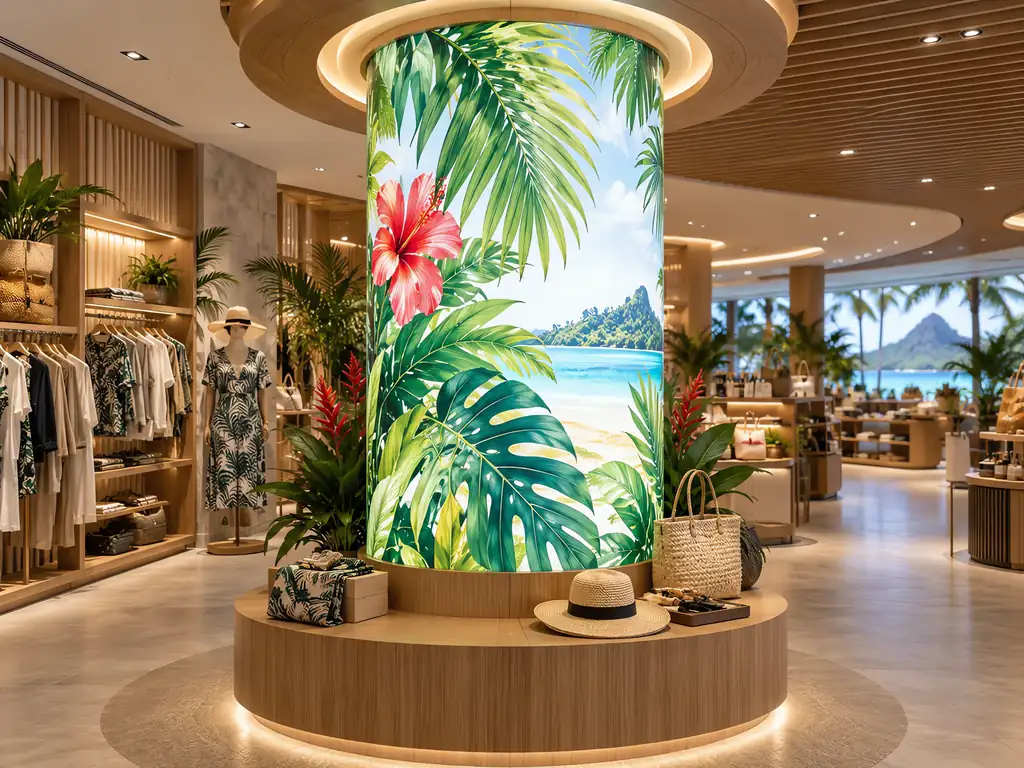 Curved flexible light box wrapping circular column, seamless 360-degree illumination
