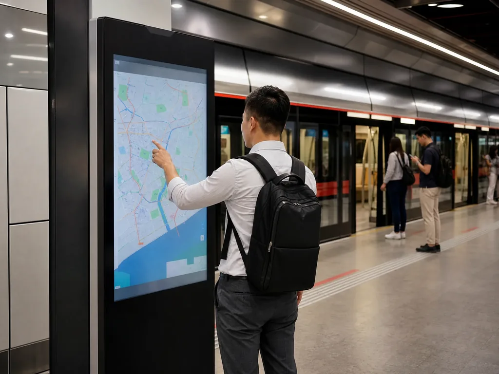 Digital interactive wayfinding totem with real-time MRT arrival integration