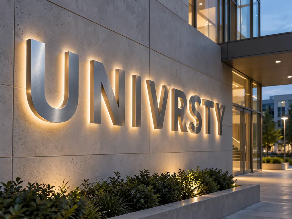 Halo-lit stainless steel building identification letters on a university research facility