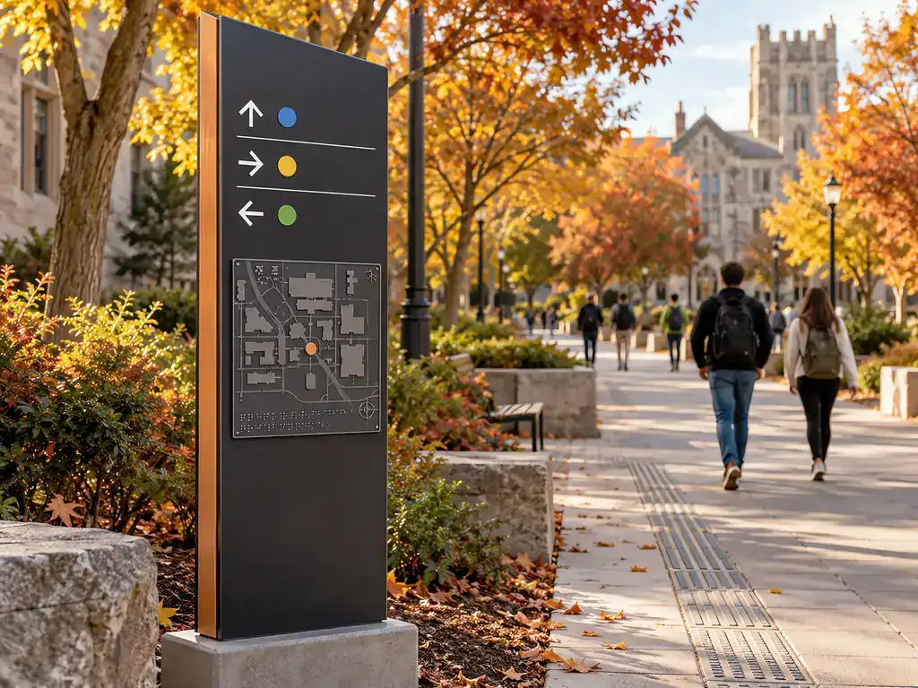 Pedestrian blade wayfinding sign with tactile map on a university pathway